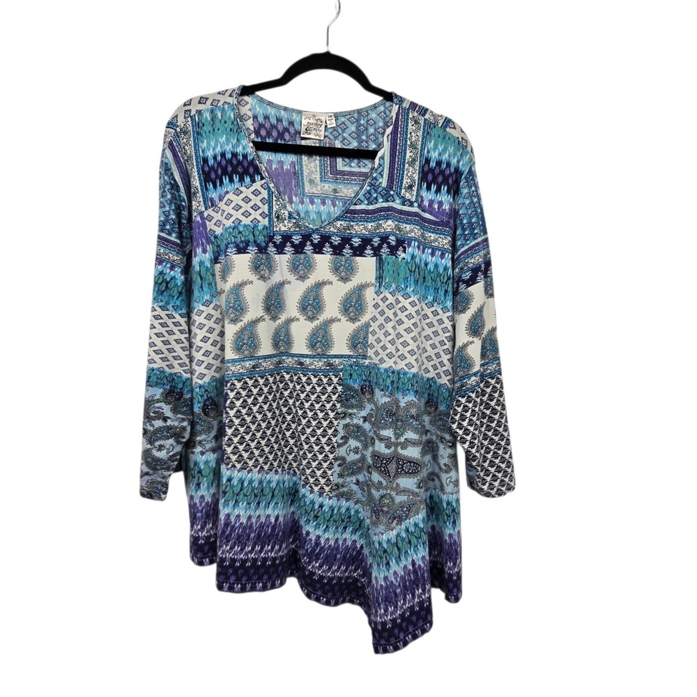 Parsley Sage Asymmetric Patchwork Tunic Top Women 3X Blue Lagenlook Boho Artsy